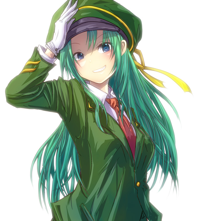1girl, alternate_costume, blue_eyes, blush, female_focus, gloves, green_hair, green_theme, grin, hat, higurashi_no_naku_koro_ni, long_hair, military, military_hat, military_uniform, necktie, peaked_cap, ribbon, salute, simple_background, smile, solo, sonozaki_shion, zxu