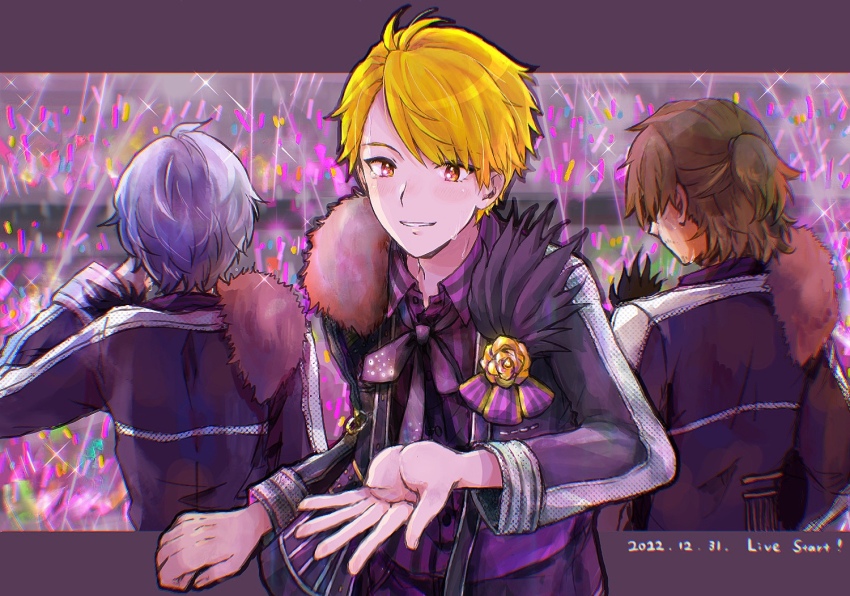 3boys, blonde_hair, brown_hair, collared_shirt, fingernails, from_behind, fur_trim, grey_hair, hazama_michio, idol, idolmaster, idolmaster_side-m, kappysan, long_sleeves, looking_at_viewer, maita_rui, male_focus, multiple_boys, outstretched_hand, s.e.m_(idolmaster), shirt, smile, yamashita_jiro