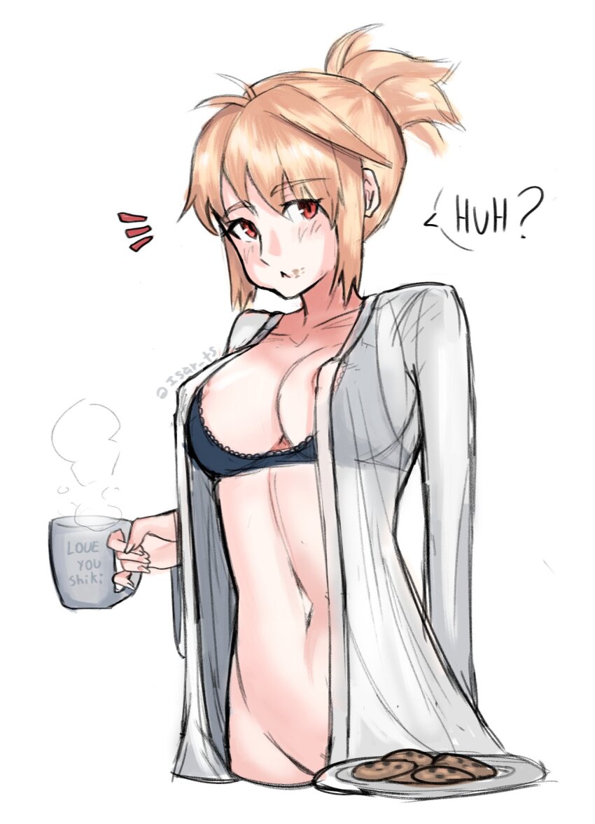 1girl, :<, alternate_hairstyle, arcueid_brunestud, areola_slip, arms_behind_back, belaweb123, black_bra, blonde_hair, blush, bottomless, bra, breasts, chocolate_chip_cookie, cleavage, closed_mouth, coffee_mug, collarbone, commentary, cookie, cowboy_shot, cropped_legs, cup, dress_shirt, english_commentary, english_text, food, food_on_face, groin, hair_between_eyes, highres, holding, large_breasts, long_sleeves, looking_at_viewer, mug, naked_shirt, navel, notice_lines, open_clothes, open_shirt, ponytail, red_eyes, shirt, short_hair, sidelocks, signature, simple_background, solo, speech_bubble, standing, steam, stomach, tsukihime, twitter_username, underwear, white_background, white_shirt