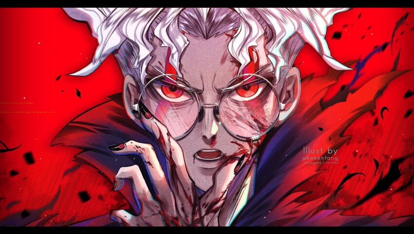 1boy, alternate_form, black_nails, blood, blood_on_face, dandadan, facial_mark, glasses, highres, keke_(kekentang_), kekentang, red_aura, red_eyes, round_eyewear, takakura_ken_(dandadan), takakura_ken_(transformed)_(dandadan), tall_hair, white_hair
