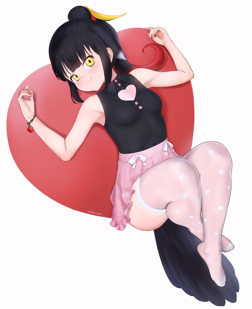 1girl, armpits, arms_up, beleven, bird_girl, bird_tail, bird_wings, black_hair, bracelet, clothing_cutout, feathered_wings, head_wings, heart, highres, jewelry, kemono_friends, long_hair, looking_at_viewer, multicolored_hair, saddlebilled-stork_(kemono_friends), shirt, simple_background, skirt, sleeveless, sleeveless_shirt, solo, tail, thighhighs, wings, yellow_eyes