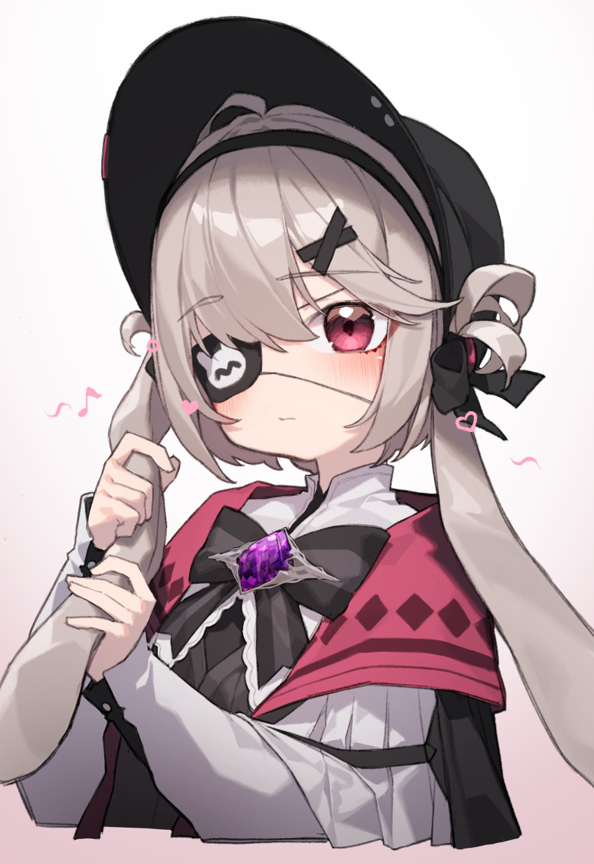 1girl, absurdres, animal_ears, arknights, beudelb, black_bow, black_hairband, black_hat, black_shirt, blush, bonnet, bow, brooch, brown_hair, closed_mouth, cropped_torso, eyepatch, floppy_ears, gradient_background, grey_background, hair_between_eyes, hair_ornament, hairband, hairclip, hand_on_own_ear, hands_up, hat, highres, jacket, jewelry, long_sleeves, pink_background, popukar_(arknights), popukar_(witch's_swing)_(arknights), pulling_own_ear, rabbit_ears, red_eyes, shirt, short_hair, sleeves_past_wrists, solo, striped_bow, upper_body, white_jacket, x_hair_ornament