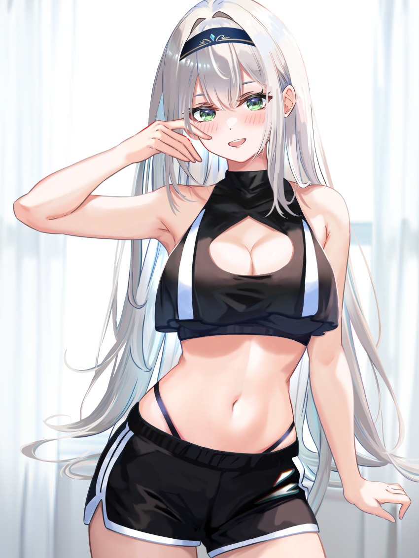 1girl, 428_(user_uzpe7478), absurdres, arm_up, armpits, black_hairband, black_panties, black_shorts, black_sports_bra, blush, breasts, cleavage, cowboy_shot, curtains, green_eyes, grey_hair, hair_intakes, hairband, highleg, highleg_panties, highres, hololive, large_breasts, long_hair, looking_at_viewer, navel, open_mouth, panties, shirogane_noel, short_shorts, shorts, smile, solo, sports_bra, underwear, very_long_hair, virtual_youtuber, window