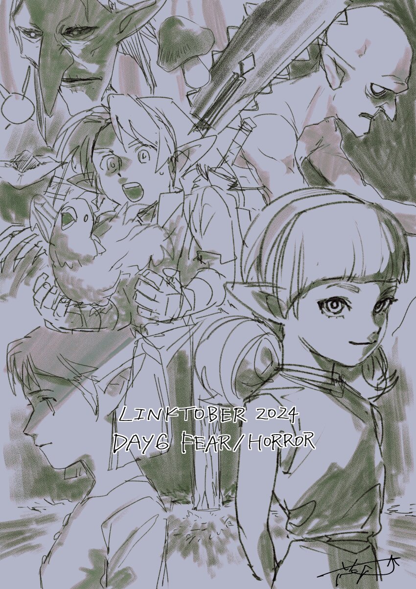 2024, 2boys, 3girls, absurdres, anju's_grandmother, anju_(zelda), arms_behind_back, black_sclera, cojiro_(zelda), colored_sclera, cucco, evil_smile, fado_(ocarina_of_time), gauntlets, grog_(zelda), hairband, highres, kokiri, link, looking_at_viewer, medicine, multiple_boys, multiple_girls, mushroom, nintendo, open_mouth, saw, sheath, shield, shield_on_back, shrub_mtg, sketch, smile, sword, the_legend_of_zelda, the_legend_of_zelda:_ocarina_of_time, traditional_media, tunic, twintails, upper_body, weapon