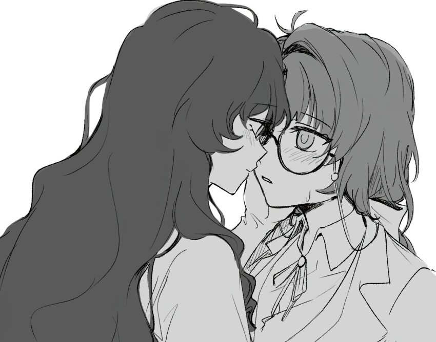 2girls, blush, closed_mouth, collared_shirt, eye_contact, f_et, glasses, greyscale