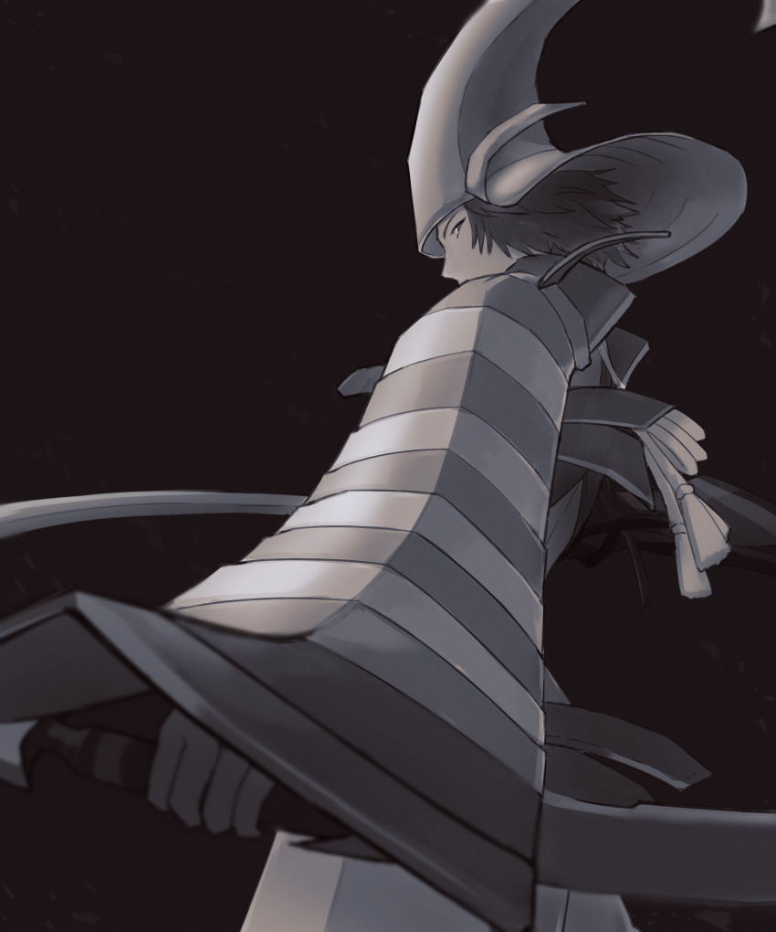 1boy, absurdres, armor, black_background, chakram, covered_mouth, cowboy_shot, from_below
