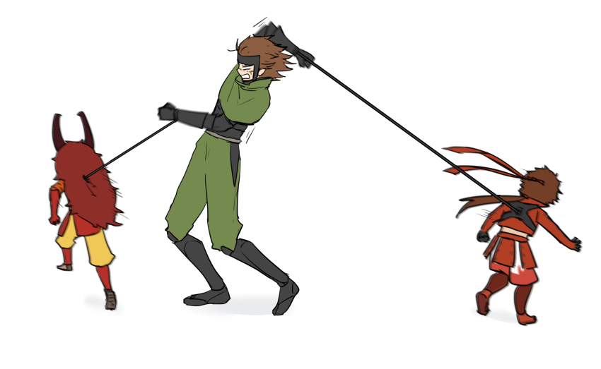 3boys, armor, black_gloves, brown_hair, facepaint, fake_horns, forehead_protector, gloves