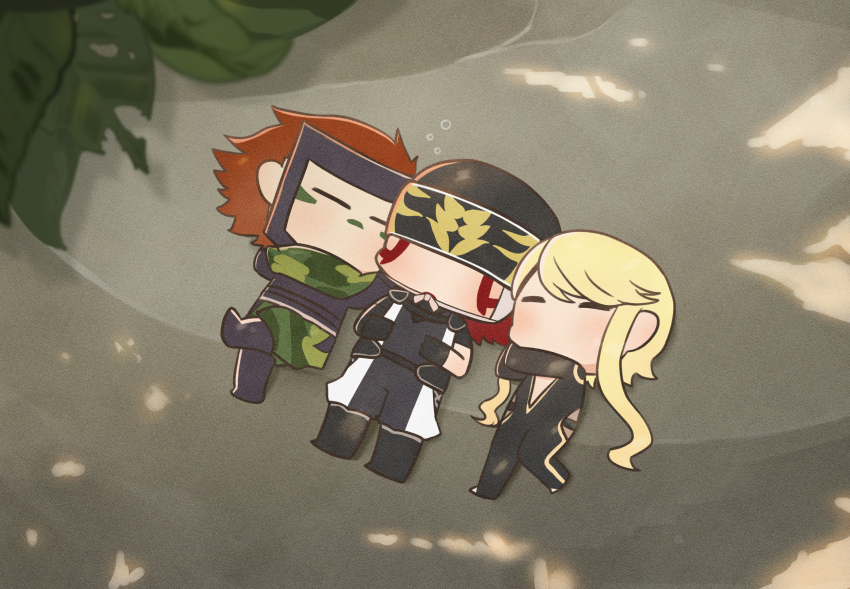 1girl, 2boys, =_=, asymmetrical_sleeves, black_bodysuit, black_gloves, black_helmet, blonde_hair, bodysuit, brown_hair, camouflage, chibi, chibi_only, covered_eyes, crossed_legs, forehead_protector, fuuma_kotarou_(sengoku_basara), gloves, helmet, highres, kasuga_(sengoku_basara), leaf, lying, multiple_boys, ninja, no_mouth, on_back, on_ground, red_hair, sarutobi_sasuke_(sengoku_basara), sengoku_basara, short_hair, short_hair_with_long_locks, sleeping, surushiru, uneven_sleeves