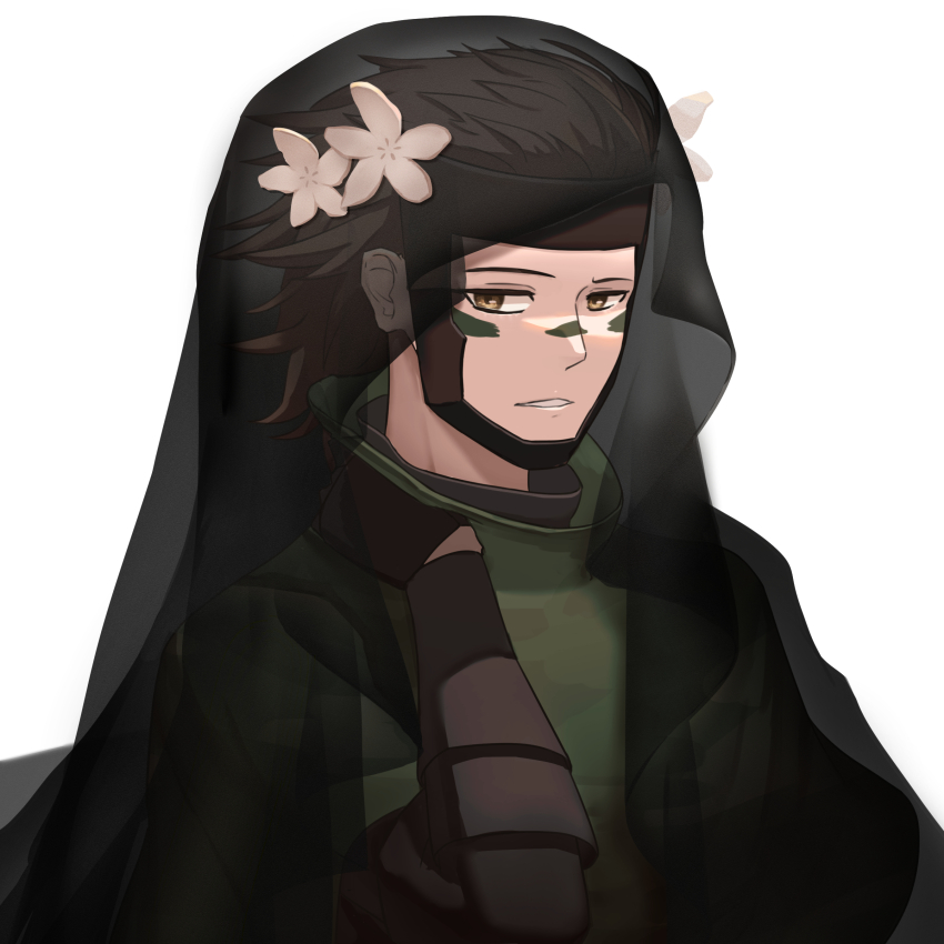 1boy, absurdres, black_veil, brown_eyes, brown_hair, facepaint, flower, forehead_protector