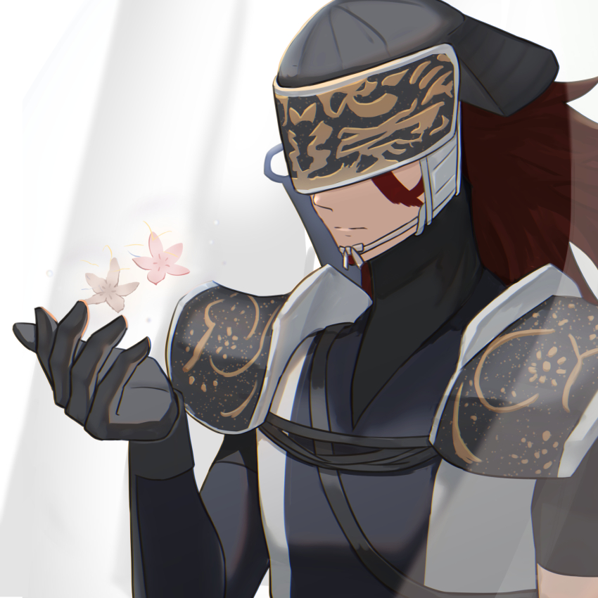 1boy, armor, covered_eyes, expressionless, facepaint, flower, fuuma_kotarou_(sengoku_basara), gloves