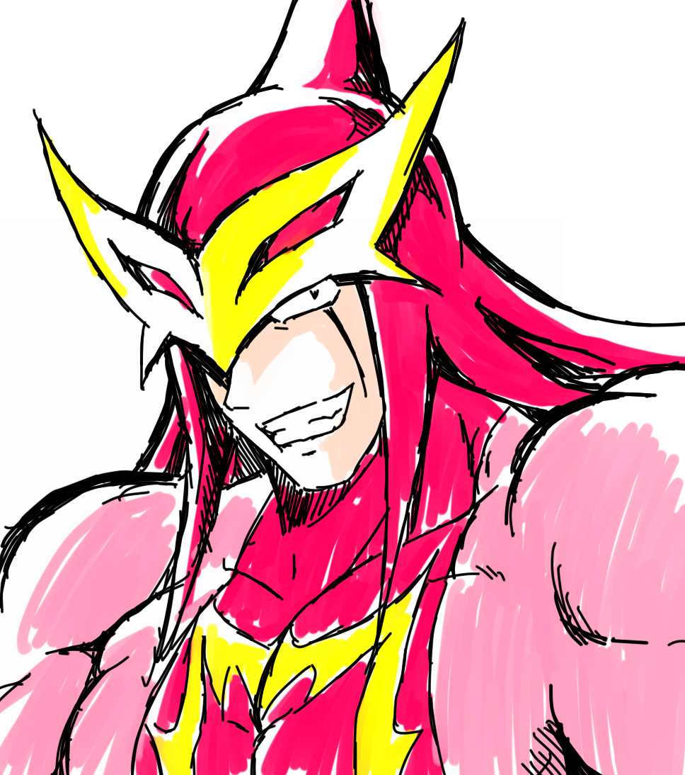 1boy, artist_request, belt, biceps, blue_eyes, bodysuit, evil_grin, evil_smile, facial_mark, fingernails, grin, kinnikuman, kinnikuman_nisei, large_pectorals, long_hair, looking_at_viewer, manly, muscular, pectorals, red_belt, red_bodysuit, red_footwear, red_hood, scarface_(kinnikuman), shaded_face, smile, solo, standing, wrestling, wrestling_outfit