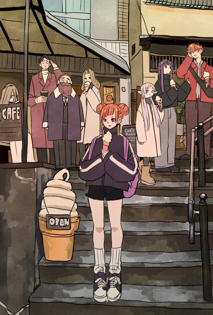 3boys, 5girls, :q, alternate_universe, ankle_socks, asymmetrical_bangs, backpack, bag