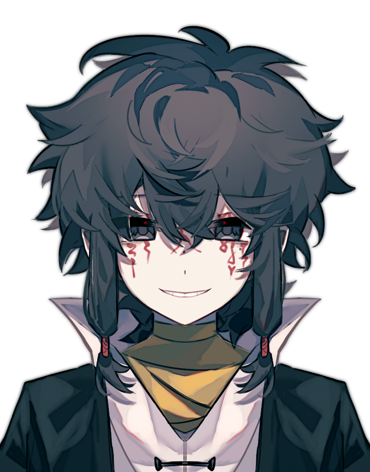 1boy, black_eyes, black_hair, black_jacket, chinese_commentary, commentary_request, facepaint, grin, hair_between_eyes, jacket, looking_at_viewer, male_focus, medium_hair, open_clothes, open_jacket, shirt, simple_background, smile, solo, touqi_guaitan, variant_set, white_background, white_shirt, zhixiang_chifan, ziche_fuzhao