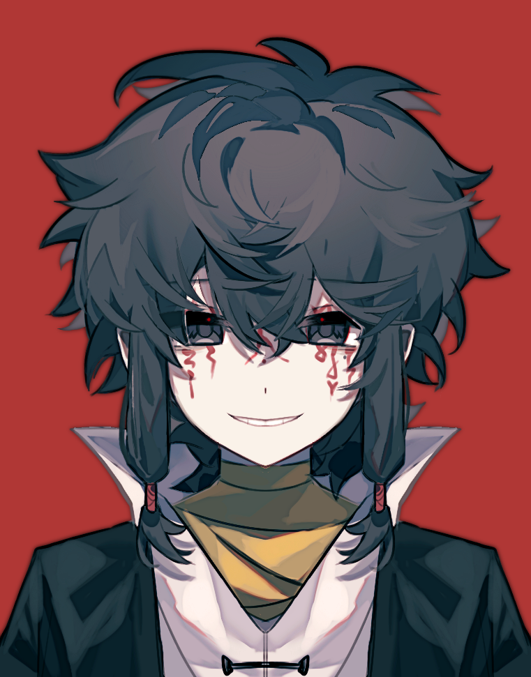 1boy, black_eyes, black_hair, black_jacket, chinese_commentary, commentary_request, facepaint, grin