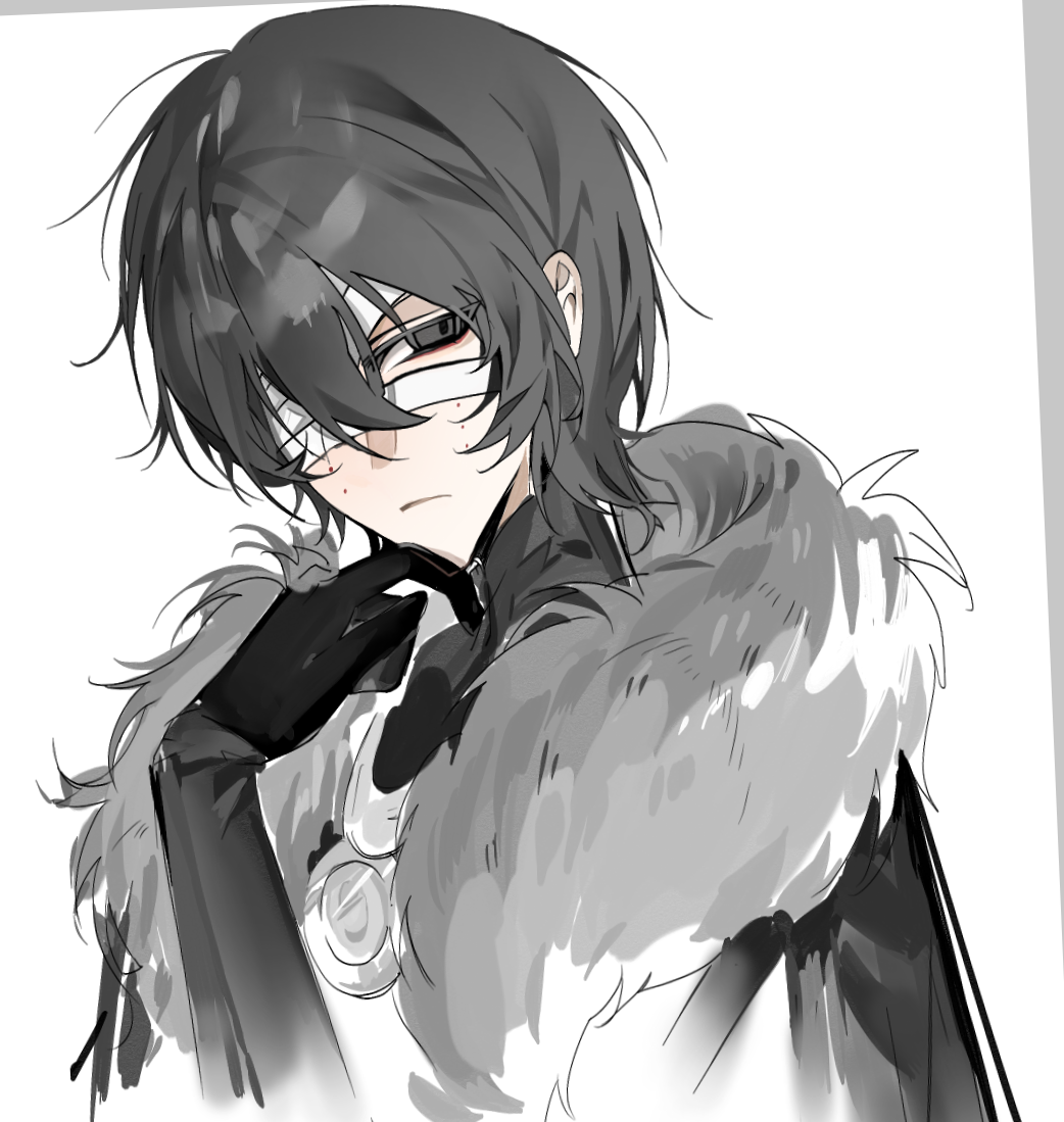 1boy, alabaster_(fuzixi17884), bad_id, bad_lofter_id, bandage_over_one_eye, black_eyes, black_gloves, black_hair, black_jacket, black_shirt, chinese_commentary, closed_mouth, commentary_request, facial_mark, fur-trimmed_jacket, fur_trim, gloves, jacket, long_sleeves, male_focus, shirt, short_hair, simple_background, solo, touqi_guaitan, white_background, wu_song_(male)_(touqi_guaitan)