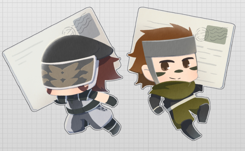 2boys, black_gloves, black_helmet, brown_eyes, brown_hair, chibi, chibi_only, covered_eyes