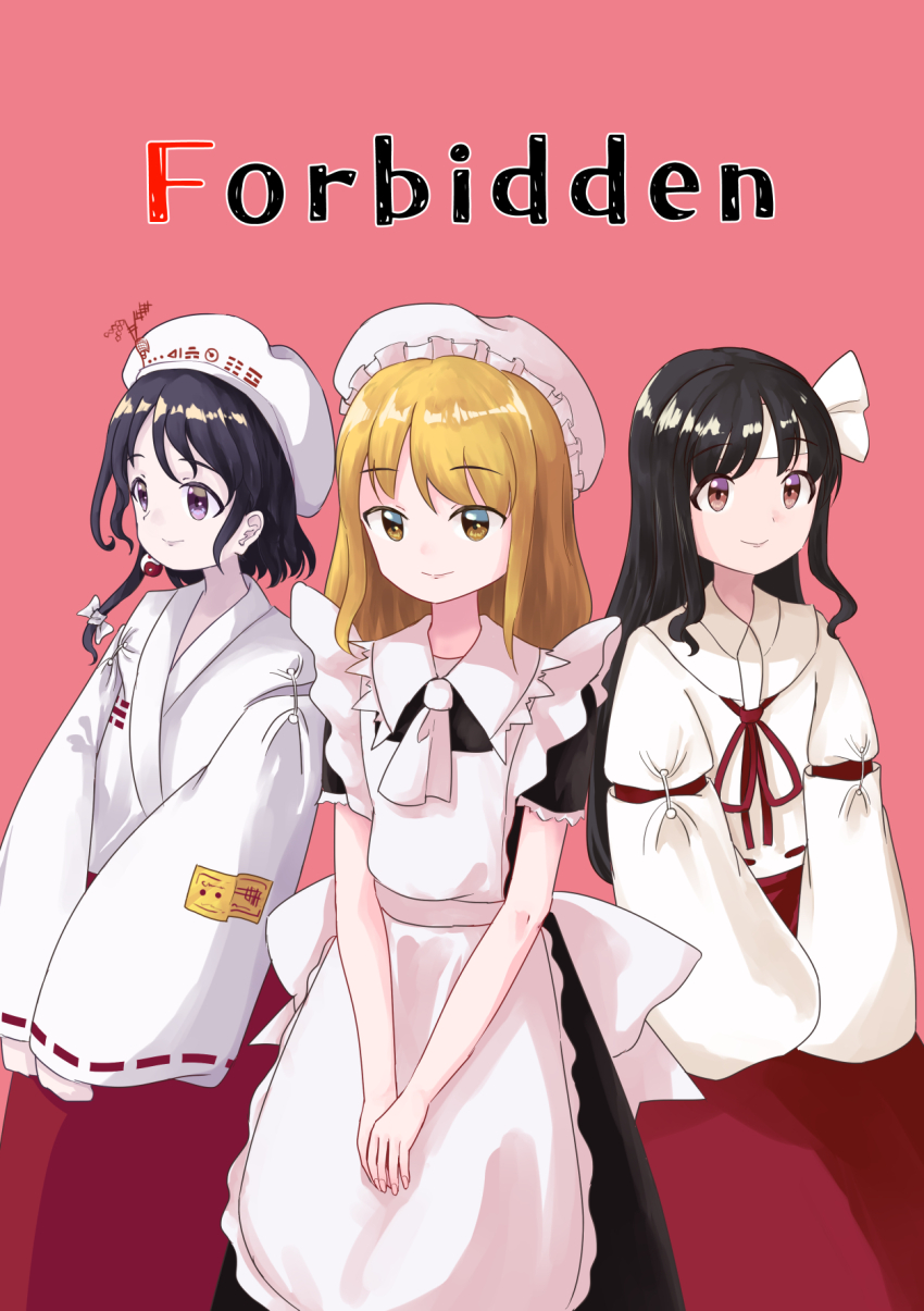 3girls, apron, ascot, beret, black_dress, black_hair, blonde_hair, breasts, brown_eyes, cleaning_maid_(touhou), closed_mouth, commentary_request, dress, earrings, girl_who_trained_on_mt._haku_(touhou), hair_ribbon, hakama, hakama_skirt, hat, headband, highres, japanese_clothes, jewelry, kariginu, kimono, long_hair, long_sleeves, medium_breasts, medium_hair, mob_cap, moonlight's_anti-soul_(touhou), multiple_girls, neck_ribbon, nostalgiclock, ofuda, ofuda_on_clothes, pink_background, portrait_of_exotic_girls, puffy_short_sleeves, puffy_sleeves, purple_eyes, red_hakama, red_ribbon, red_skirt, revision, ribbon, ribbon-trimmed_skirt, ribbon-trimmed_sleeves, ribbon_trim, short_sleeves, side_ponytail, single_earring, skirt, smile, touhou, trigram, very_long_hair, white_apron, white_ascot, white_hat, white_headband, white_kimono, white_ribbon, yellow_eyes, yin_yang, yin_yang_earrings