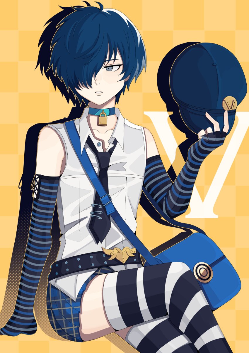 1boy, absurdres, bag, black_necktie, black_thighhighs, blue_choker, blue_gloves, blue_hair