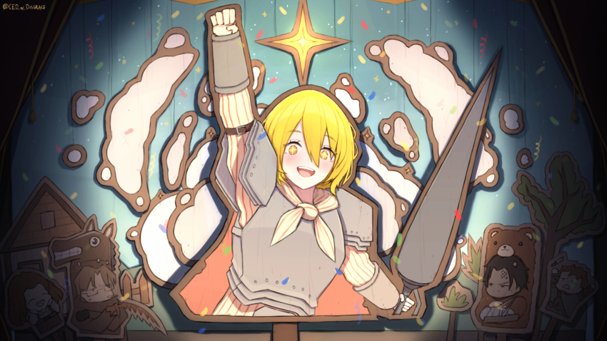 +_+, 2girls, 3boys, animal_costume, arm_up, arm_wrap, armor, arthropod_limbs