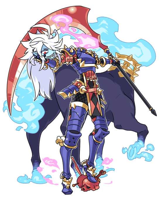 1boy, ahoge, arm_armor, armband, armlet, armor, armored_boots, arms_up, blue_armor, blue_fire, blue_skin, boots, breastplate, collar, colored_skin, dullahan, fire, focas_(inu_fuji), full_armor, full_body, gauntlets, gold_armor, gold_trim, greaves, hair_over_one_eye, head_off, headless, hip_armor, holding, holding_head, holding_own_head, holding_paper, holding_scythe, holding_weapon, horse, inu_fuji, jewelry, knife, long_hair, looking_at_viewer, looking_to_the_side, male_focus, monster_boy, original, paper, pink_fire, pointy_ears, red_armband, red_eyes, scythe, sharp_teeth, shoulder_armor, sidelocks, simple_background, skull, smile, spiked_armband, spiked_armlet, spiked_armor, spiked_collar, spikes, standing, teeth, weapon, white_background, white_hair