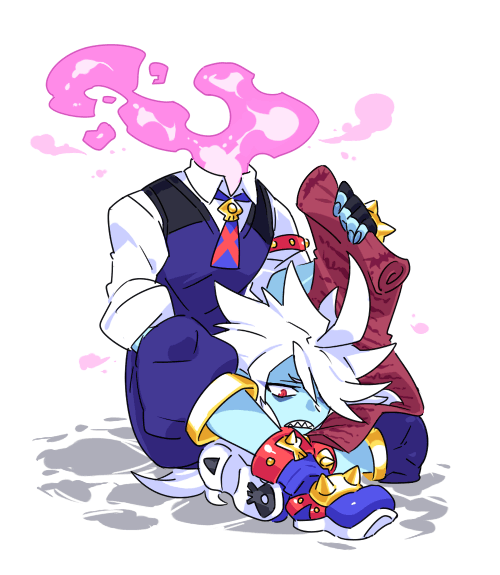 1boy, ahoge, armband, black_gloves, blue_pants, blue_skin, blue_vest, bracelet