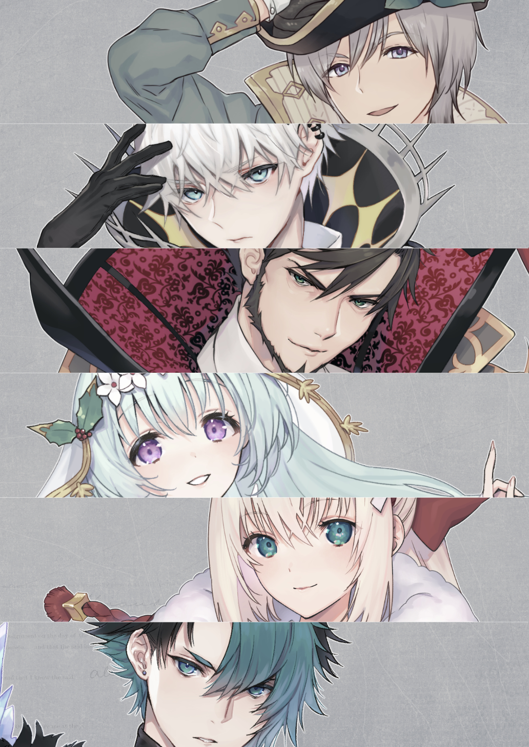 2girls, 4boys, aqua_eyes, beard, black_gloves, black_hair, blonde_hair, blue_eyes, blue_hair, brown_hair, facial_hair, fur_trim, gloves, goddess_cuvelier_(grimms_notes), goddess_cuvelier_(seiya)_(grimms_notes), green_hair, grey_background, grey_hair, grimms_notes, grin, halloween_costume, hat, highres, light_blue_hair, multicolored_hair, multiple_boys, multiple_girls, natsuhiko, nick_bottom_(grimms_notes), nick_bottom_(original)_(grimms_notes), official_art, purple_eyes, reina_(grimms_notes), reina_(shinshun)_(grimms_notes), shadow_master_andersen_(grimms_notes), smile, white_hair, william_shakespeare_(grimms_notes), william_shakespeare_(halloween)_(grimms_notes)