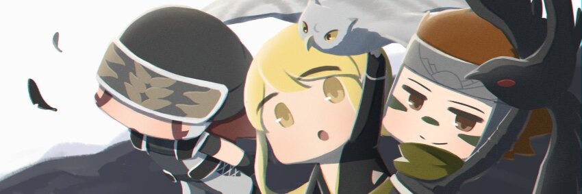 1girl, 2boys, :o, arm_up, bird, black_bodysuit, black_helmet, blonde_hair