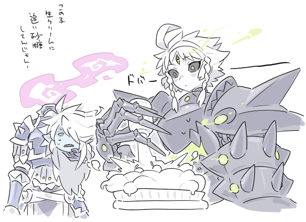 2boys, ahoge, arm_armor, arm_up, armlet, armor, black_armor, black_sclera