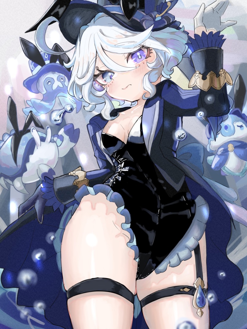 1girl, adapted_costume, ahoge, animal_ears, asymmetrical_gloves, black_gloves, black_leotard, blue_eyes