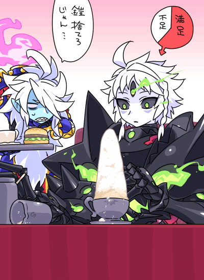 2boys, ahoge, arm_armor, arm_up, armlet, armor, black_armor, black_sclera