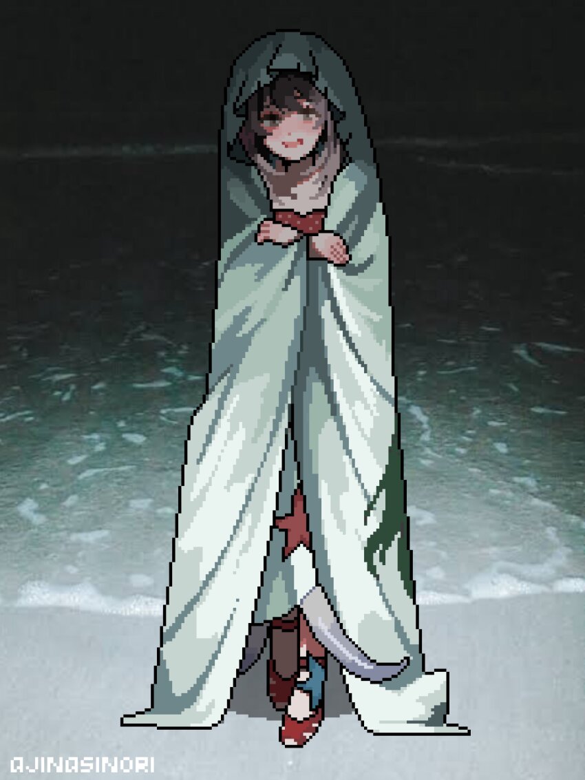 1girl, :d, ajinasi_nori, artist_name, beach, crossed_arms, dark, dark_background