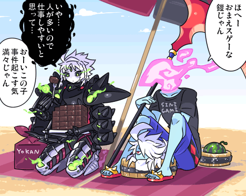 2boys, ahoge, arm_armor, armlet, armor, beach, beach_towel, beach_umbrella, black_armor, black_sclera, black_shirt, blue_shorts, blue_skin, braid, braided_sidelock, breastplate, chocolate, claws, closed_mouth, cloud, collarbone, colored_sclera, colored_skin, day, dipsen_(inu_fuji), dullahan, fire, focas_(inu_fuji), food, fork, from_side, fruit, full_armor, full_body, gauntlets, green_eyes, green_fire, hair_over_one_eye, hand_up, head_off, headless, holding, holding_fork, holding_scythe, inu_fuji, japanese_text, jewelry, long_hair, looking_at_another, looking_down, male_focus, mechanical_arms, monster_boy, multiple_boys, original, pink_fire, pointy_ears, red_eyes, sand, sandals, scythe, shirt, shorts, shoulder_armor, sidelocks, silver_armor, silver_footwear, sky, speech_bubble, spiked_armor, spiked_footwear, spikes, third_eye, towel, translation_request, umbrella, watermelon, white_hair, white_skin, wide-eyed