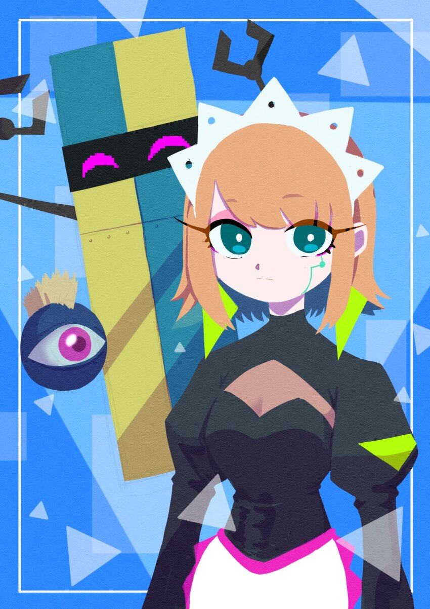 1girl, alternate_costume, android, apron, aqua_eyes, blonde_hair, colored_inner_hair, earrings, highres, jewelry, loku, maid, maid_apron, maid_headdress, mechanical_arms, multicolored_hair, nira-chan, robot, triangle_earrings, two-tone_hair, zutto_mayonaka_de_ii_no_ni