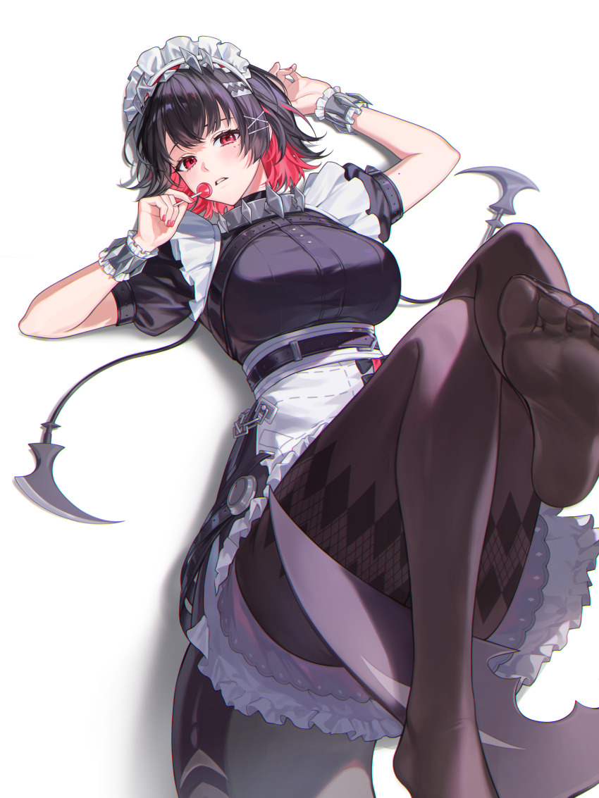 1girl, absurdres, black_dress, black_hair, black_pantyhose, breasts, candy, colored_inner_hair