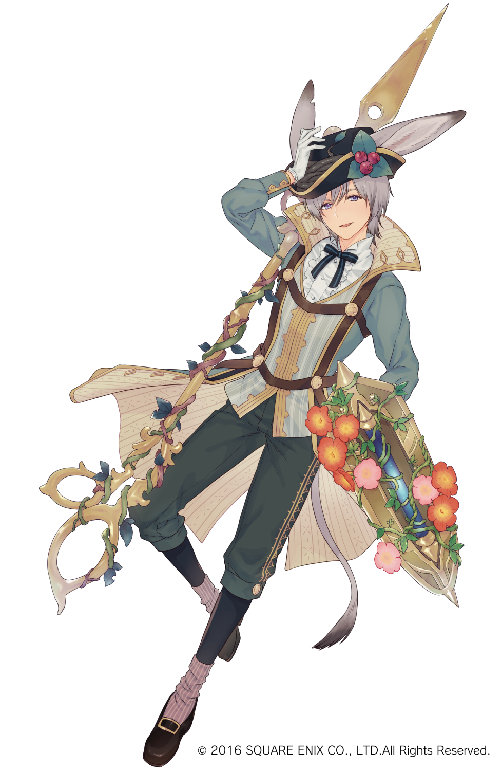 1boy, animal_ears, blue_eyes, copyright_notice, donkey_ears, full_body, gloves, green_pants