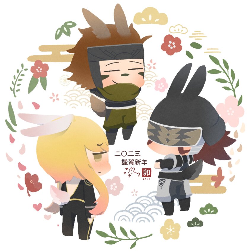 1girl, 2boys, =_=, animal_ears, black_bodysuit, black_gloves, black_helmet, blonde_hair, blush, bodysuit, brown_hair, chibi, chibi_only, covered_eyes, crossed_arms, embarrassed, facepaint, forehead_protector, frown, fuuma_kotarou_(sengoku_basara), gloves, helmet, highres, kasuga_(sengoku_basara), looking_at_viewer, looking_back, multiple_boys, ninja, no_mouth, rabbit_boy, rabbit_ears, rabbit_girl, rabbit_tail, red_hair, sarutobi_sasuke_(sengoku_basara), sengoku_basara, short_hair, short_hair_with_long_locks, short_sleeves, smirk, surushiru, tail, white_background, yellow_eyes