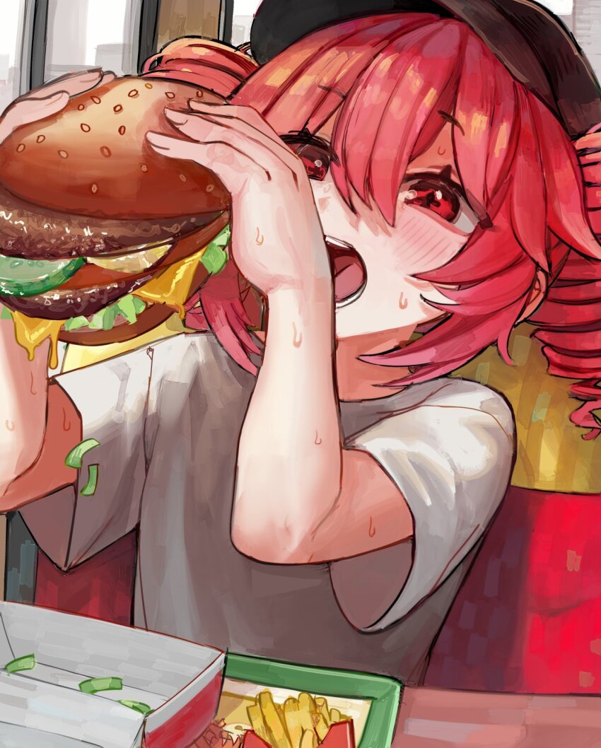 1girl, black_hat, burger, drill_hair, food, grey_shirt, hat, highres