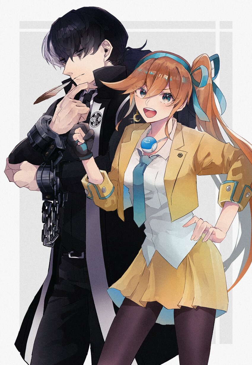 1boy, 1girl, ace_attorney, athena_cykes, black_gloves, black_hair, black_necktie, black_pants