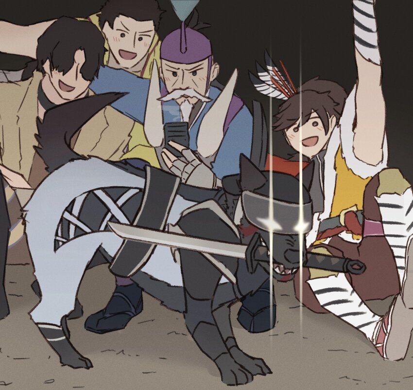 4boys, :d, animalization, black_eyes, black_hair, blush, brown_eyes, brown_hair