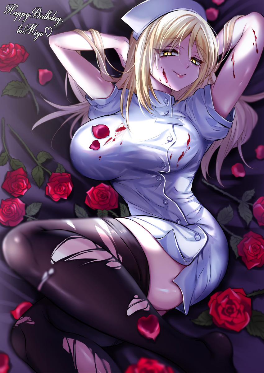 1girl, absurdres, arms_behind_head, black_thighhighs, blonde_hair, blood, blood_on_clothes, blood_on_face