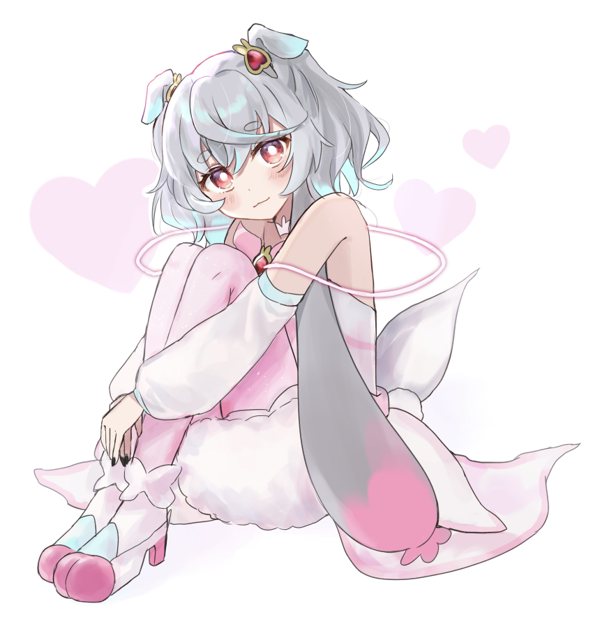 1girl, absurdres, animal_ears, arm_warmers, blush, boots, brooch, closed_mouth, cure_puca, damumumu, dress, grey_hair, hair_ornament, heart, heart_background, highres, jewelry, magical_girl, medium_hair, nail_polish, pantyhose, petticoat, pink_boots, pink_pantyhose, precure, precure_all_stars, precure_all_stars_f, puca_(precure), red_eyes, short_eyebrows, solo, strapless, strapless_dress, twintails, white_dress