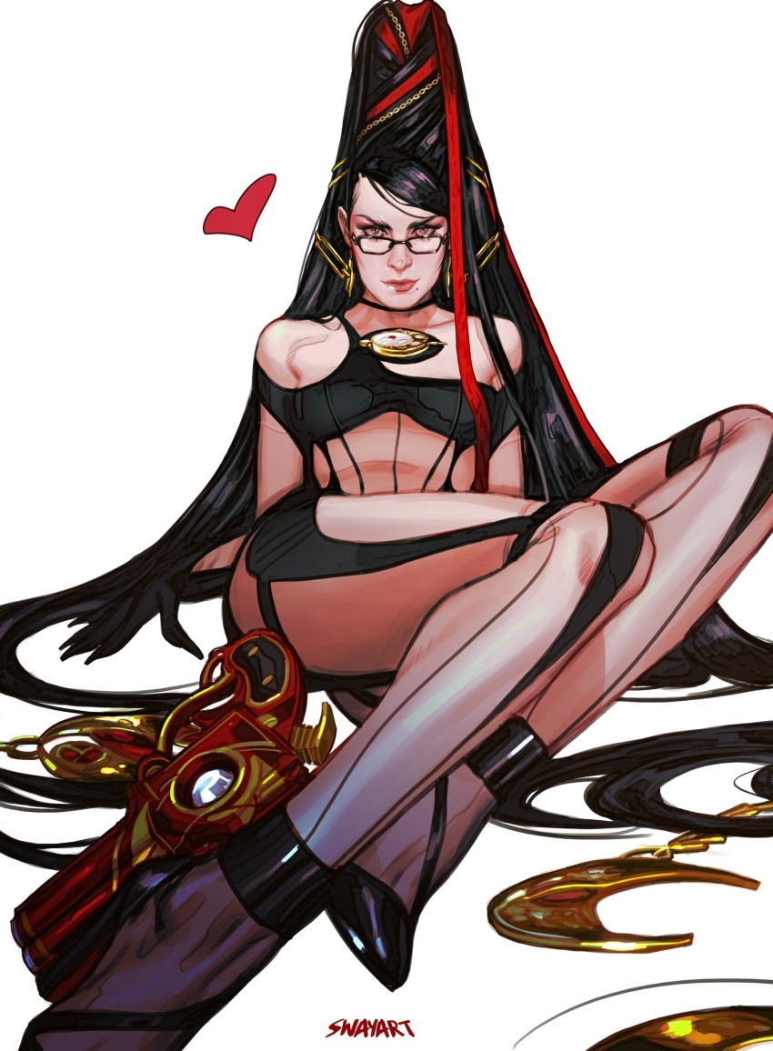 1girl, adapted_costume, bayonetta, bayonetta_(series), black-framed_eyewear, black_footwear, black_hair, collarbone