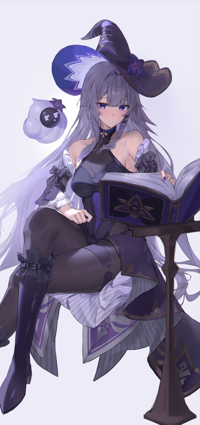 1girl, absurdres, aged_up, bare_shoulders, black_pantyhose, book, breasts, closed_mouth