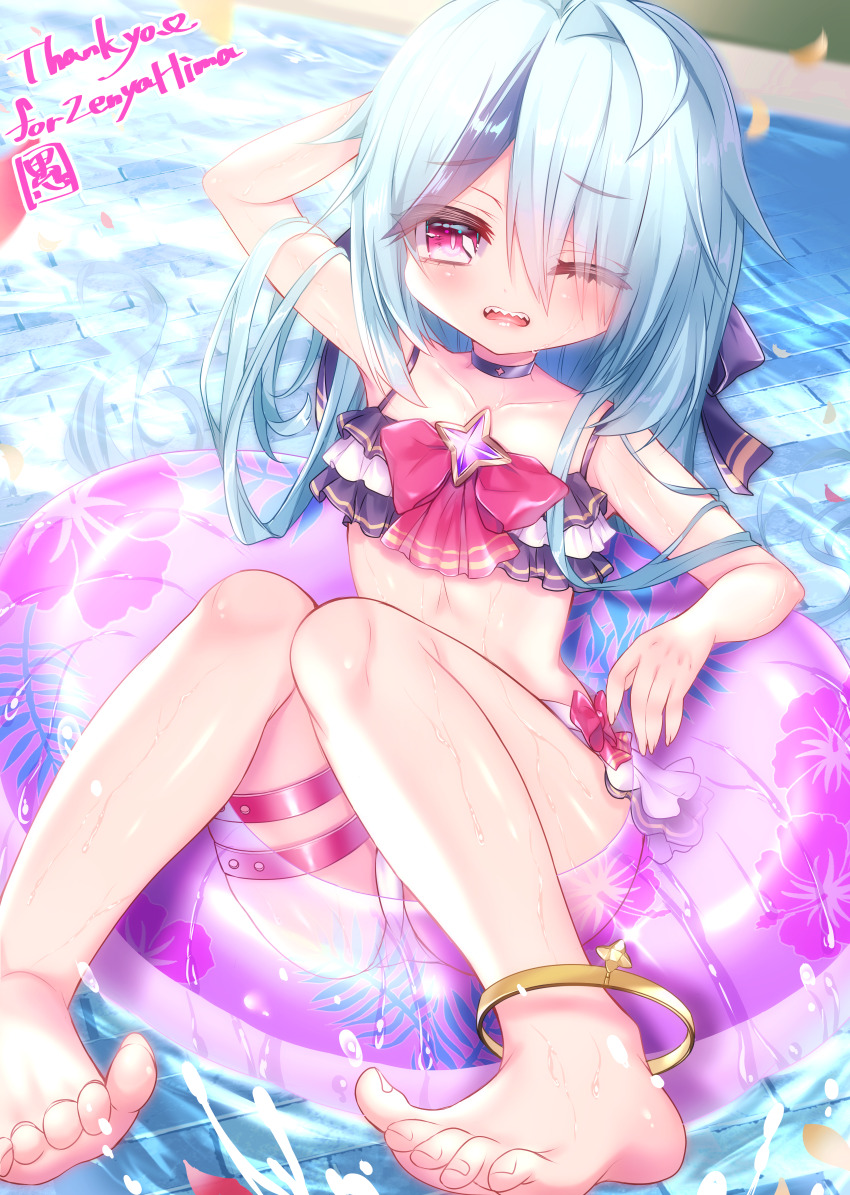 1girl, absurdres, anklet, arm_behind_head, barefoot, bikini, black_bikini, black_choker