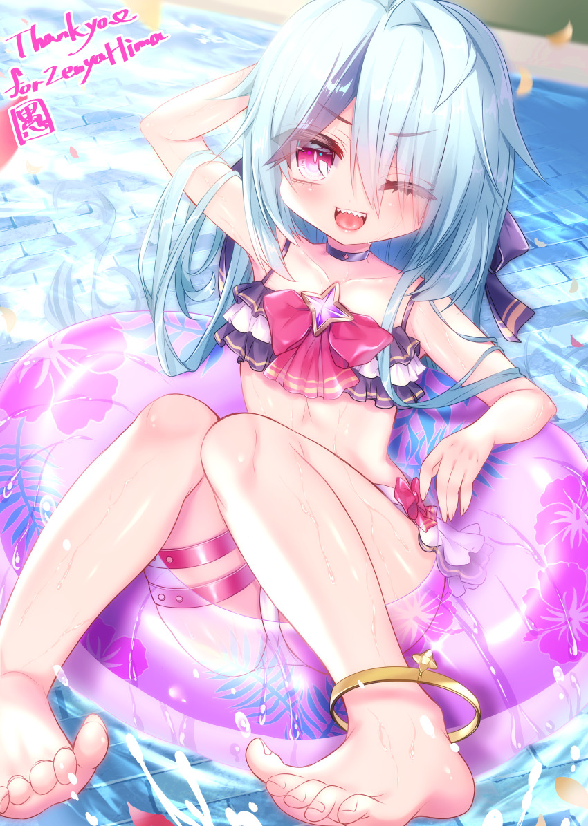 1girl, absurdres, anklet, arm_behind_head, barefoot, bikini, black_bikini, black_choker, black_hair, black_ribbon, blue_hair, character_name, choker, collarbone, commission, frilled_bikini, frills, gold_anklet, gushagusha5, hair_ribbon, highres, indie_virtual_youtuber, innertube, long_hair, multicolored_bikini, multicolored_hair, one_eye_closed, open_mouth, pink_eyes, ribbon, sharp_teeth, skeb_commission, solo, star_(symbol), streaked_hair, swim_ring, swimsuit, teeth, thank_you, thigh_strap, virtual_youtuber, water, wet, white_bikini, zenya_hima