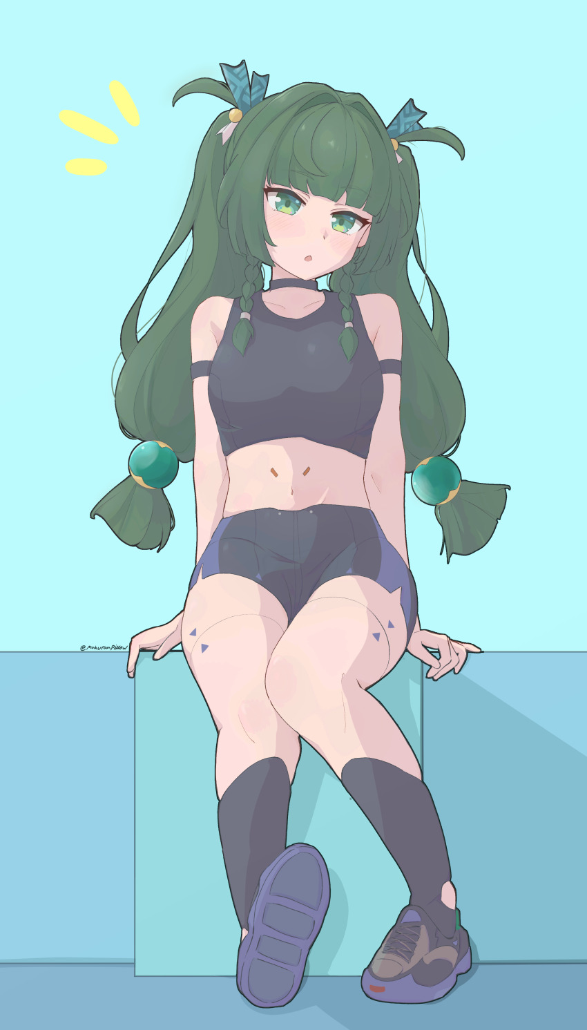 1girl, absurdres, android, blue_background, blunt_bangs, blush, braid, crop_top