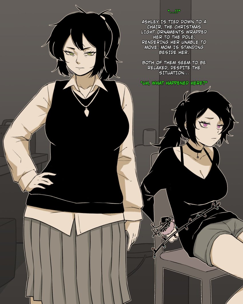 2girls, absurdres, ashley_graves, bound, bra_strap, breasts, chair, choker