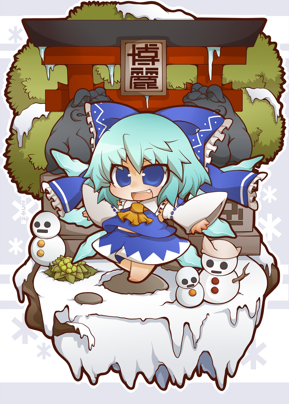 1girl, ascot, blue_eyes, blue_hair, bow, chibi, cirno, cosplay
