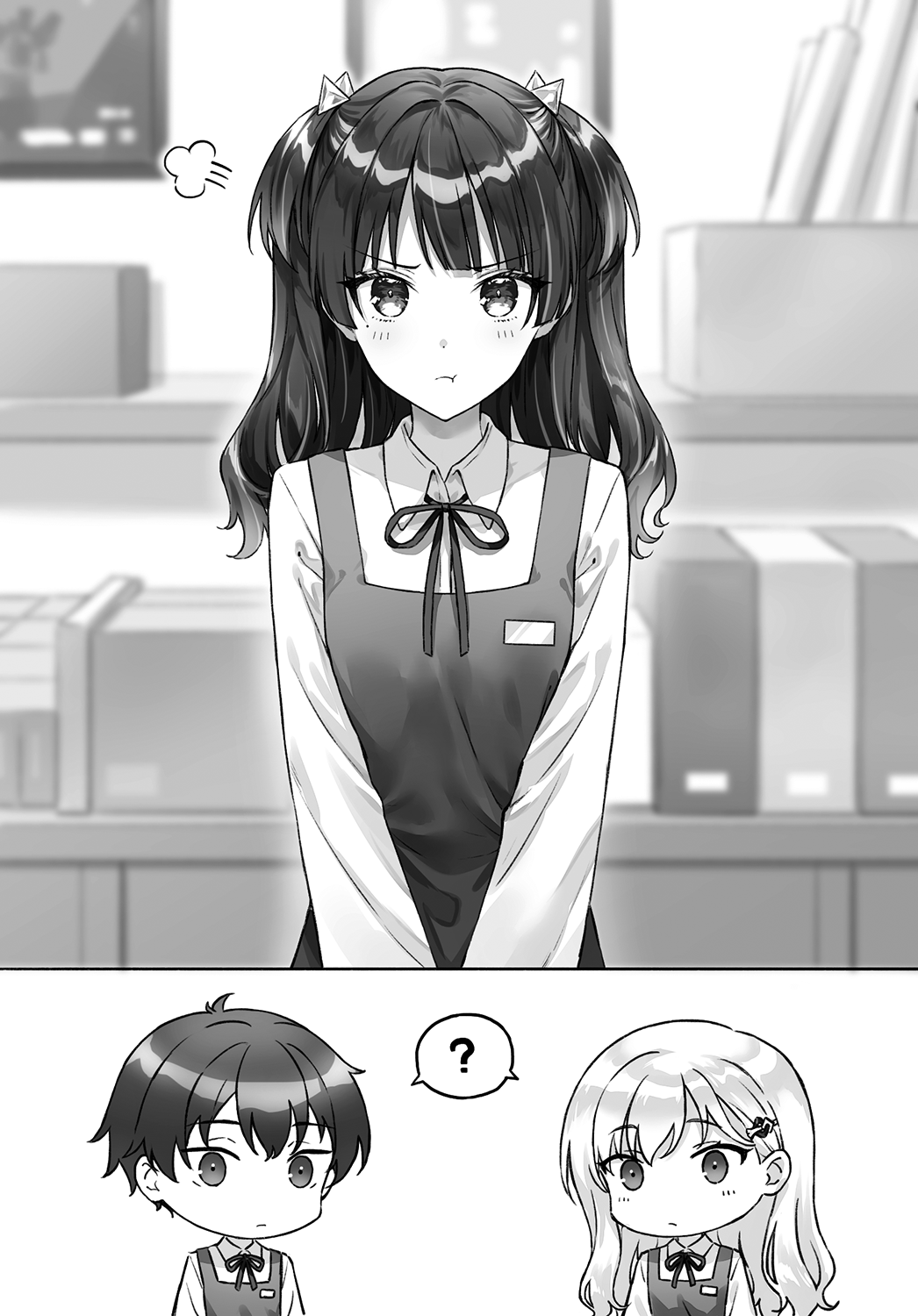 1boy, 2girls, ?, apron, asamura_yuuta, ayase_saki, brother_and_sister, brother_and_step-sister