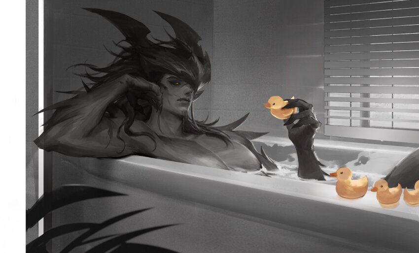 1boy, absurdres, bathing, bathtub, commentary, english_commentary, facial_hair, glowing, glowing_eyes, goatee, greyscale, helmet, highres, league_of_legends, long_hair, looking_at_object, monochrome, muscular, muscular_male, nightbringer_yasuo, nude, orange_eyes, partially_submerged, rubber_duck, scar, scar_on_face, shadderfans, solo, spikes, spot_color, water, yasuo_(league_of_legends), yasuo_(league_of_legends)male_focus